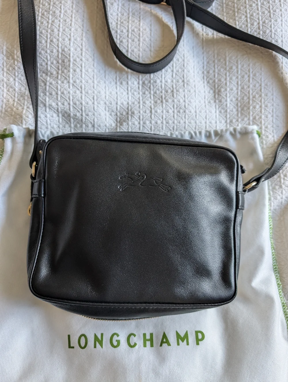 Vintage Longchamp Black Leather Mini Crossbody with Gold Logo - Picture 2 of 5